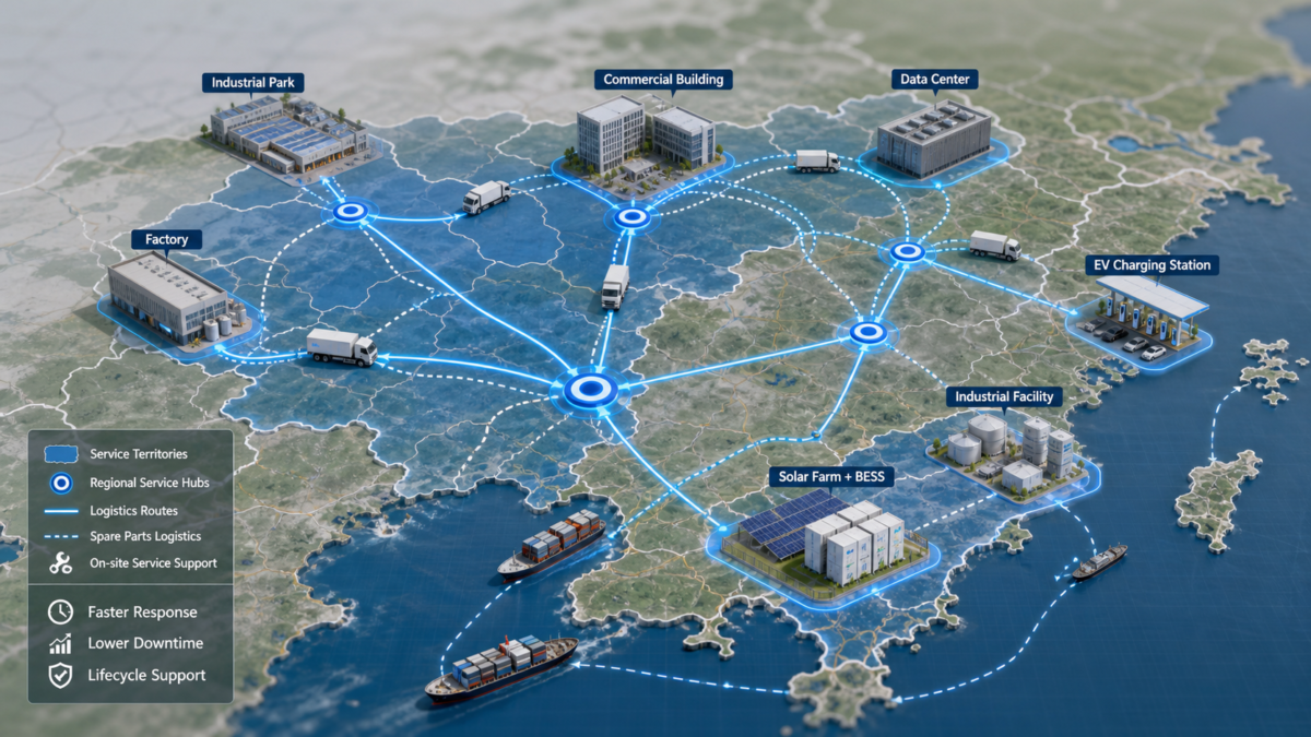 A map showing interconnected service territories with logistics routes leading to commercial and industrial sites.