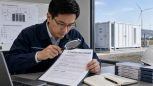 An engineer carefully reviews a 25-year BESS O&M contract with a magnifying glass.