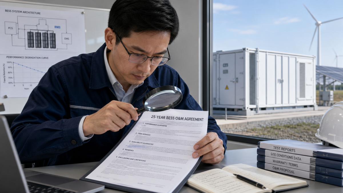 An engineer carefully reviews a 25-year BESS O&M contract with a magnifying glass.
