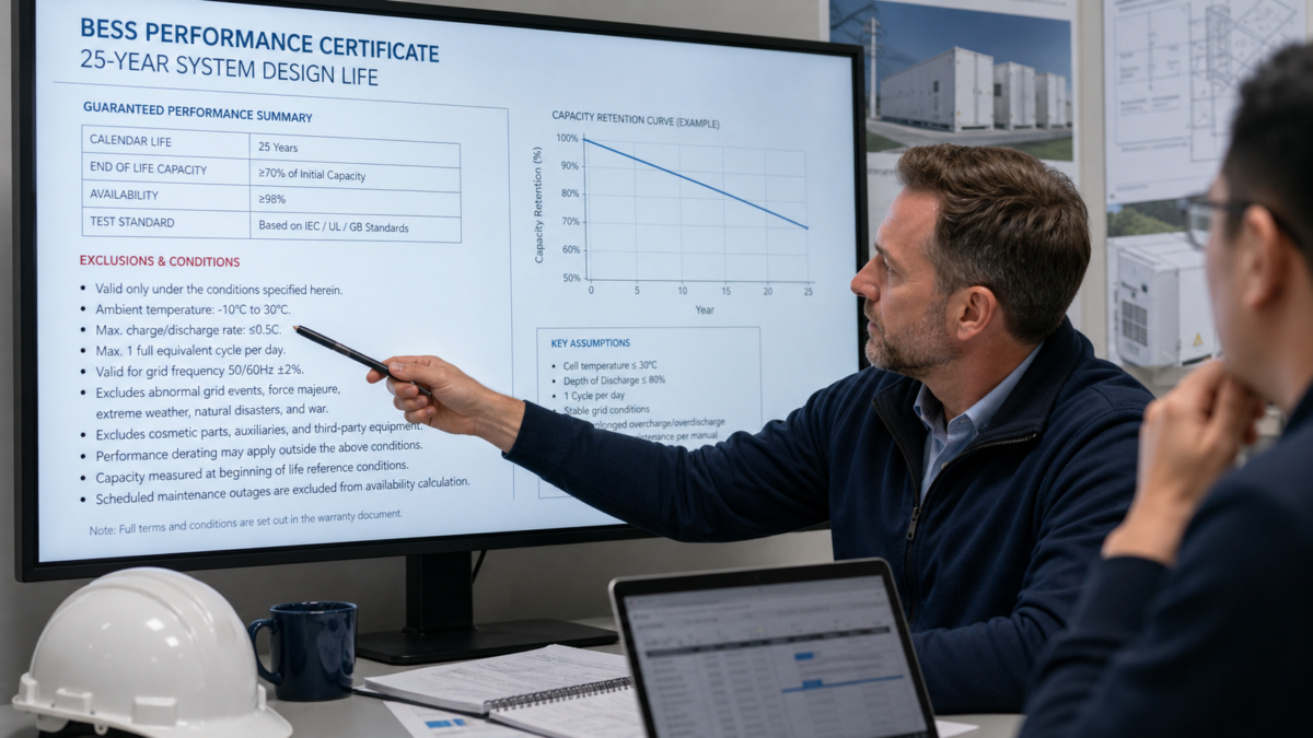 A project manager points to the fine print exclusions on a BESS performance certificate.