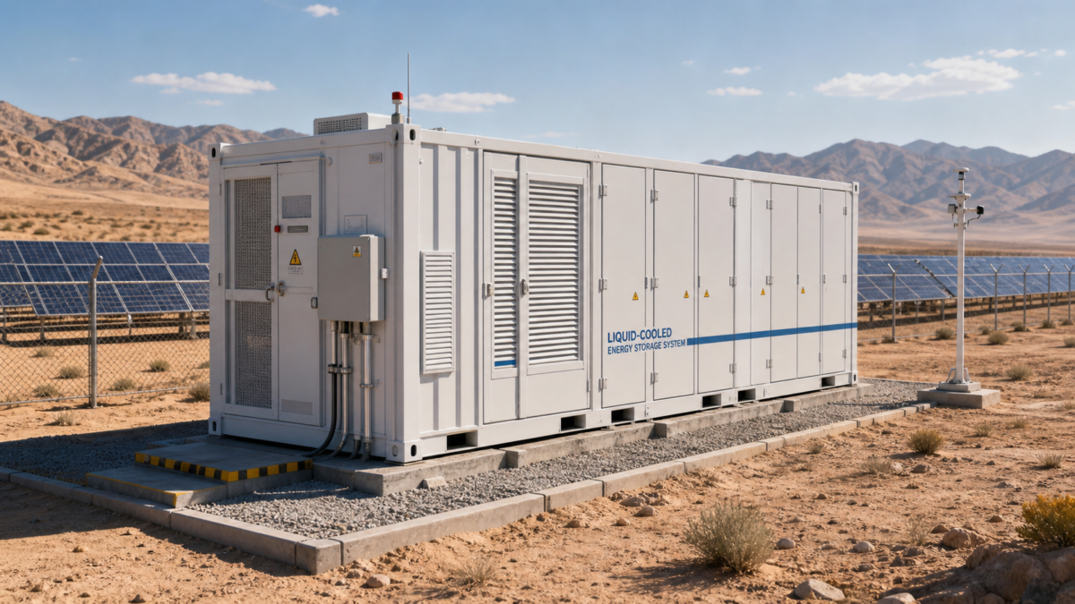 A large liquid-cooled BESS container operates in a hot, sun-drenched desert location.