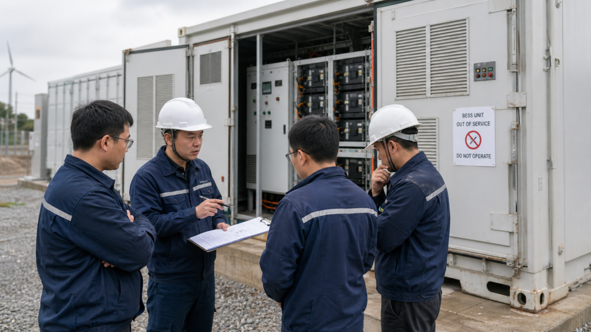 A team of concerned technicians discuss a maintenance plan in front of a non-operational BESS container.