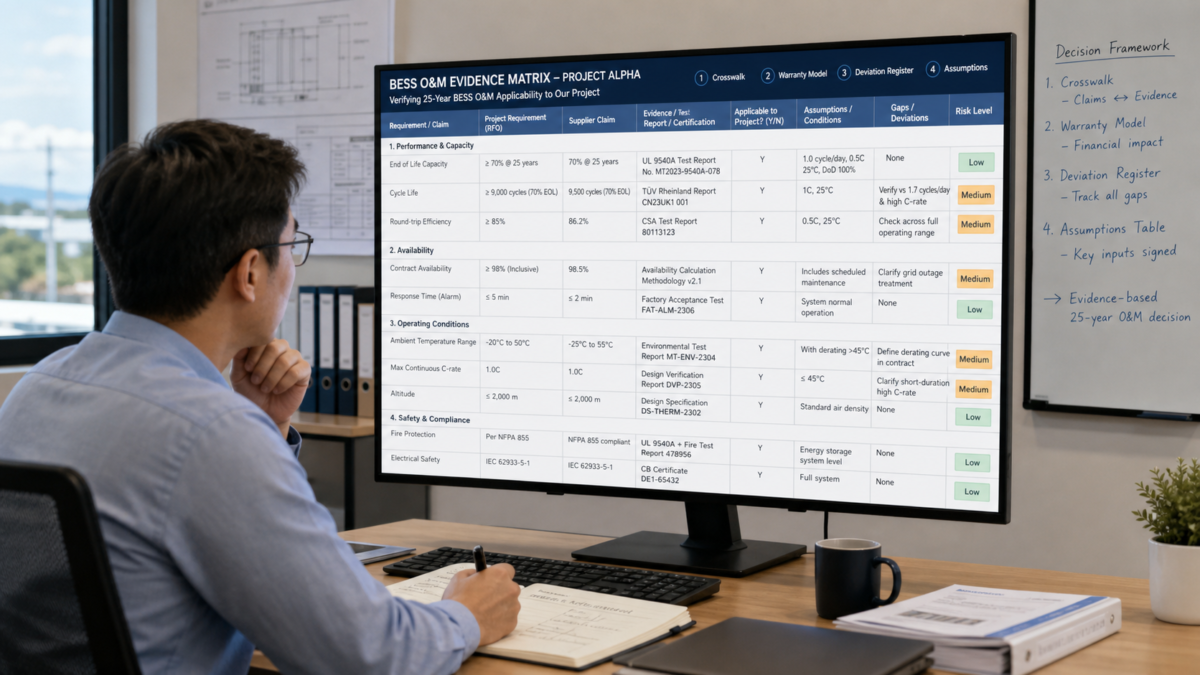 A project manager reviews a detailed BESS O&M evidence matrix on a large monitor in an office.