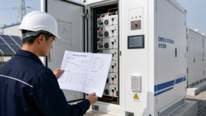 An engineer examining a detailed LFP battery test report next to an energy storage cabinet