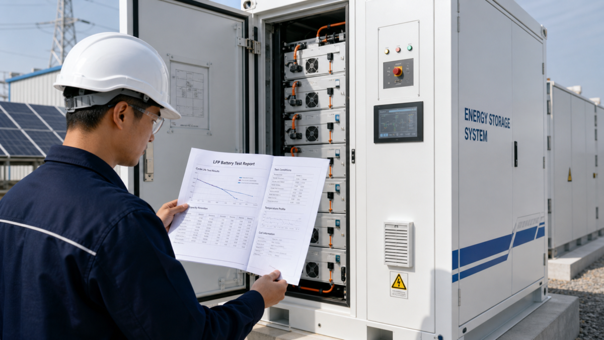 An engineer examining a detailed LFP battery test report next to an energy storage cabinet