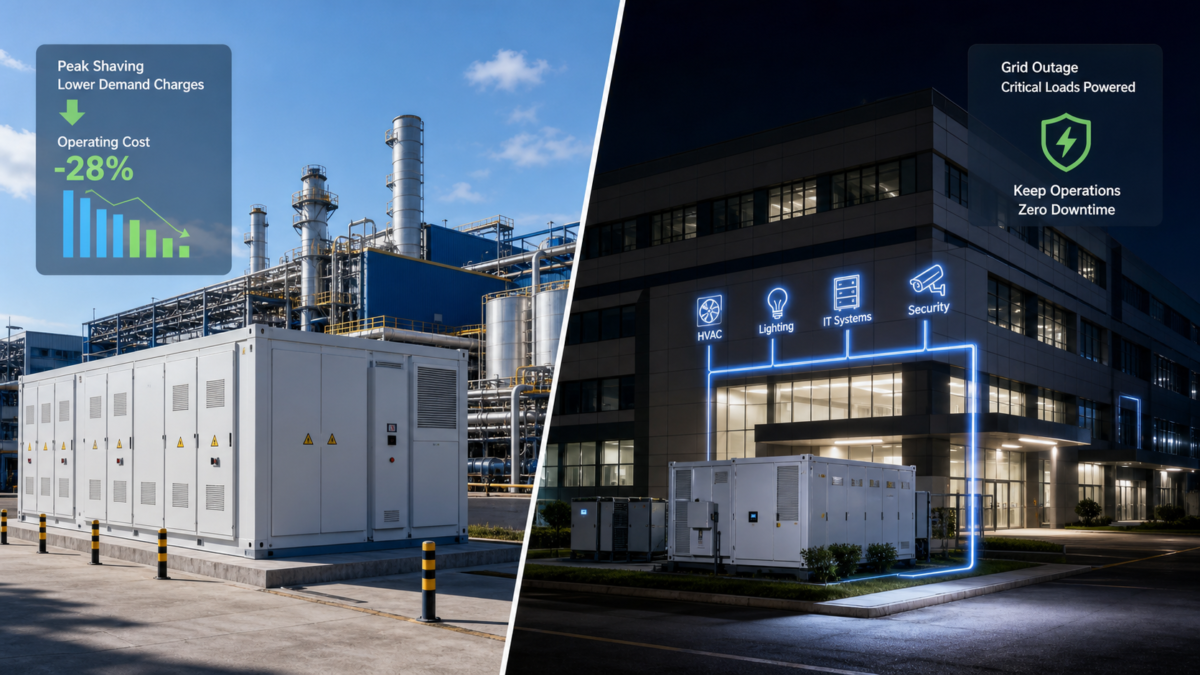 A split-screen image showing an industrial facility saving money and a microgrid powering a building during a blackout