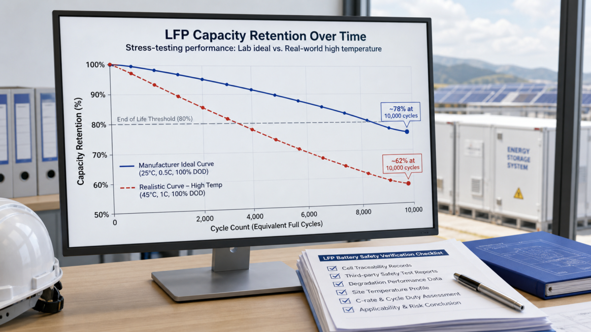 A chart comparing a manufacturer's ideal degradation curve against a more realistic curve based on high temperatures