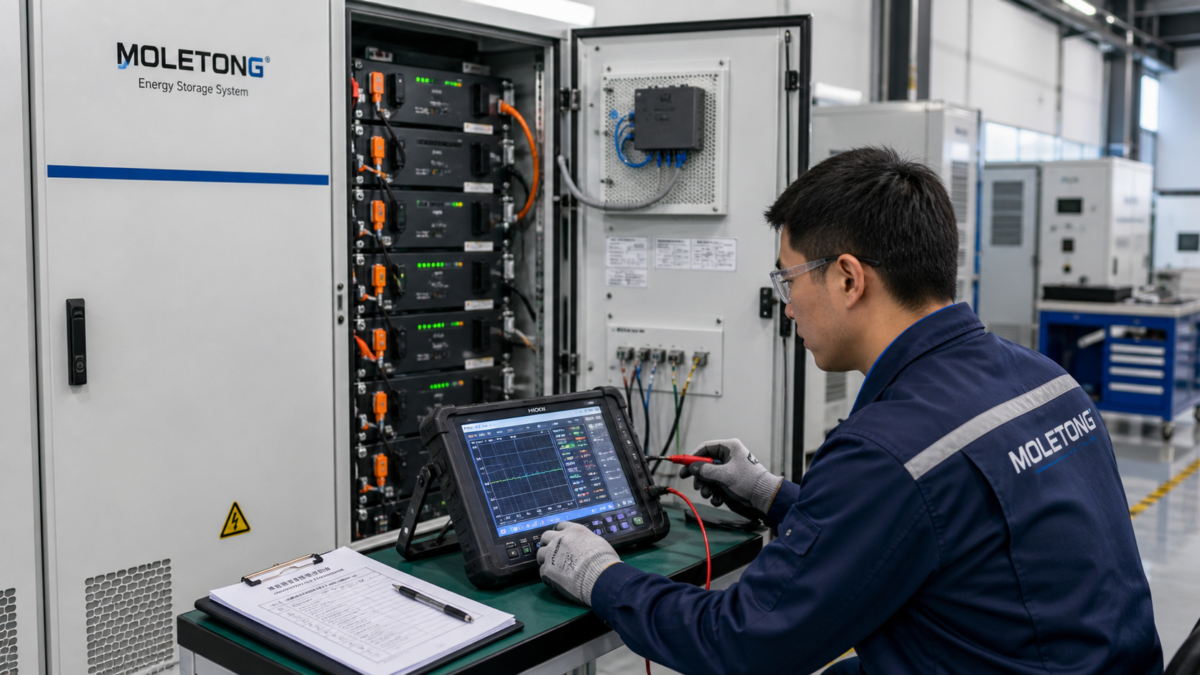 A technician uses diagnostic equipment to test a Moletong commercial energy storage cabinet in a clean workshop.