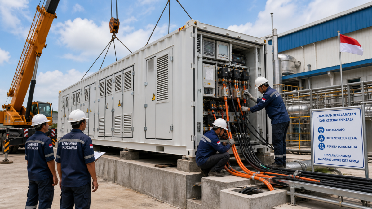 A large containerized BESS being installed at an Indonesian factory with local engineers connecting cables.