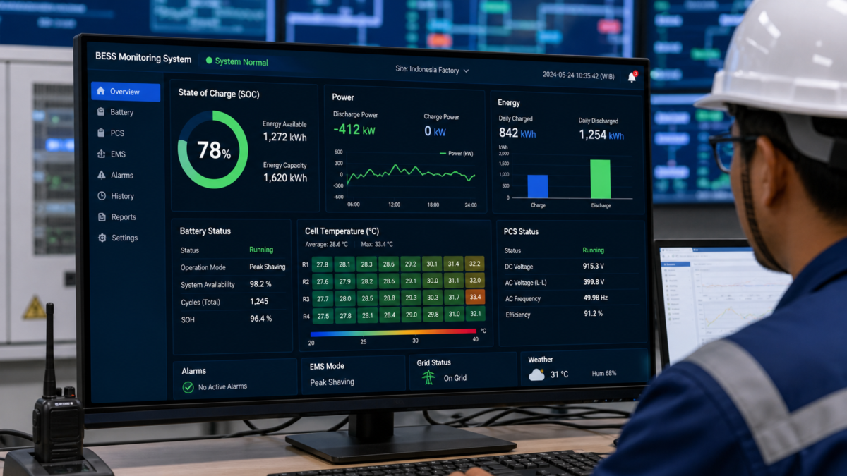 A digital monitoring screen displaying real-time BESS performance data like state of charge, power output, and cell temperature.