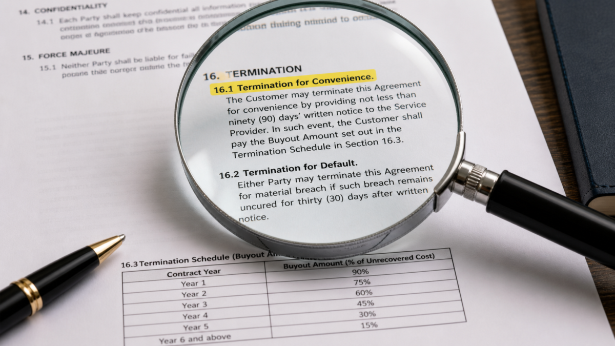 A close-up of a business contract with a termination clause highlighted by a magnifying glass.