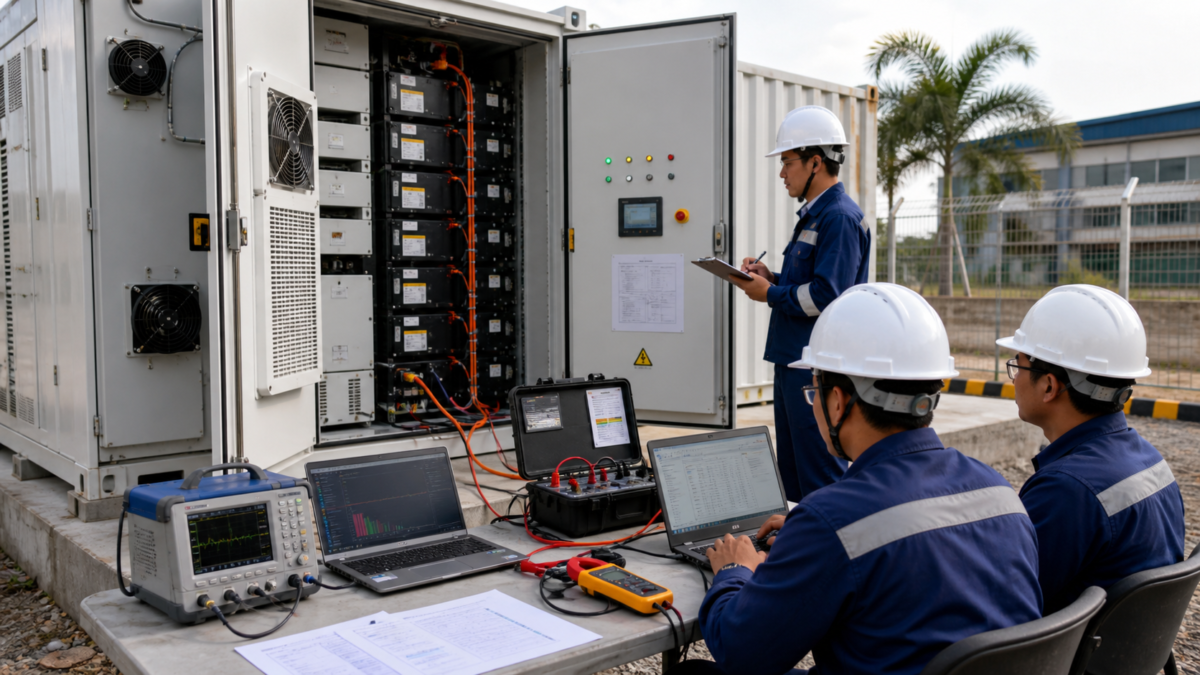 Engineers with laptops and testing equipment conducting an acceptance test on a newly installed BESS cabinet.