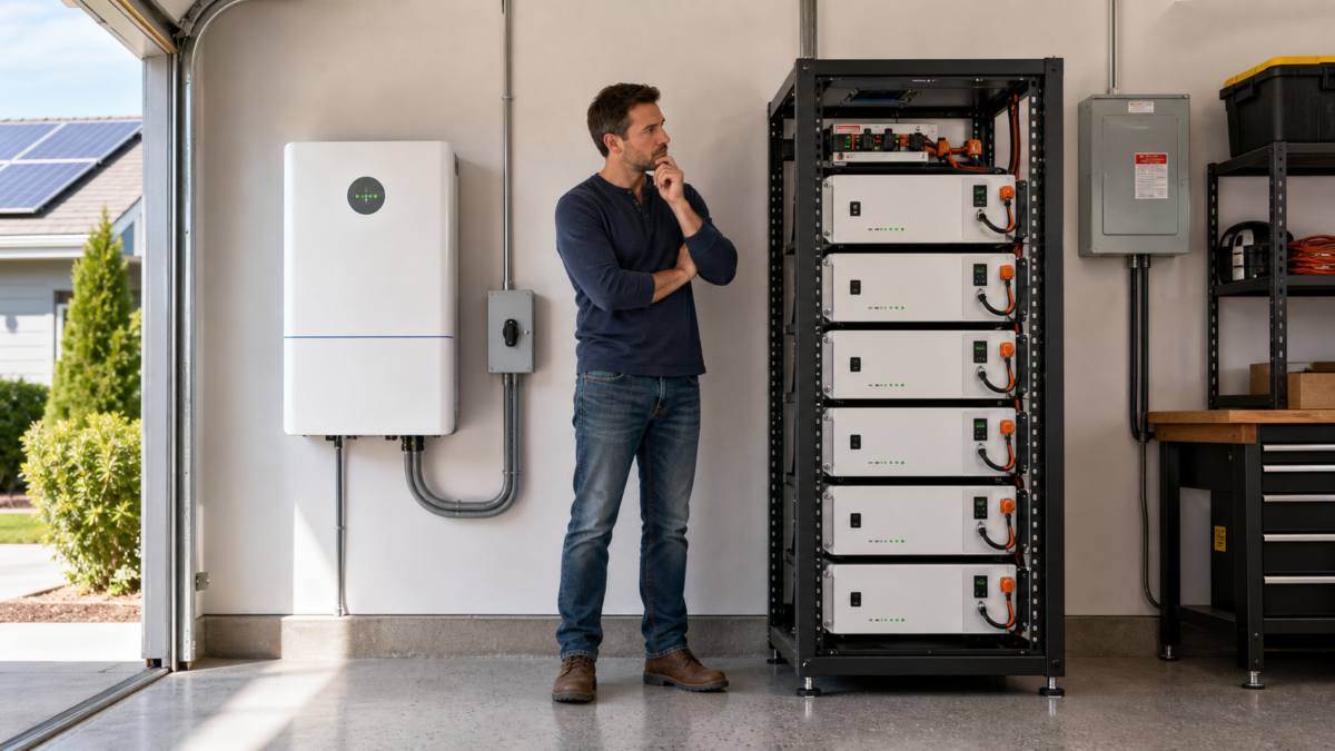 Comparing Different Home Battery Form Factors A homeowner standing between a wall-mounted and a rack-mounted battery system, looking thoughtfully at both.