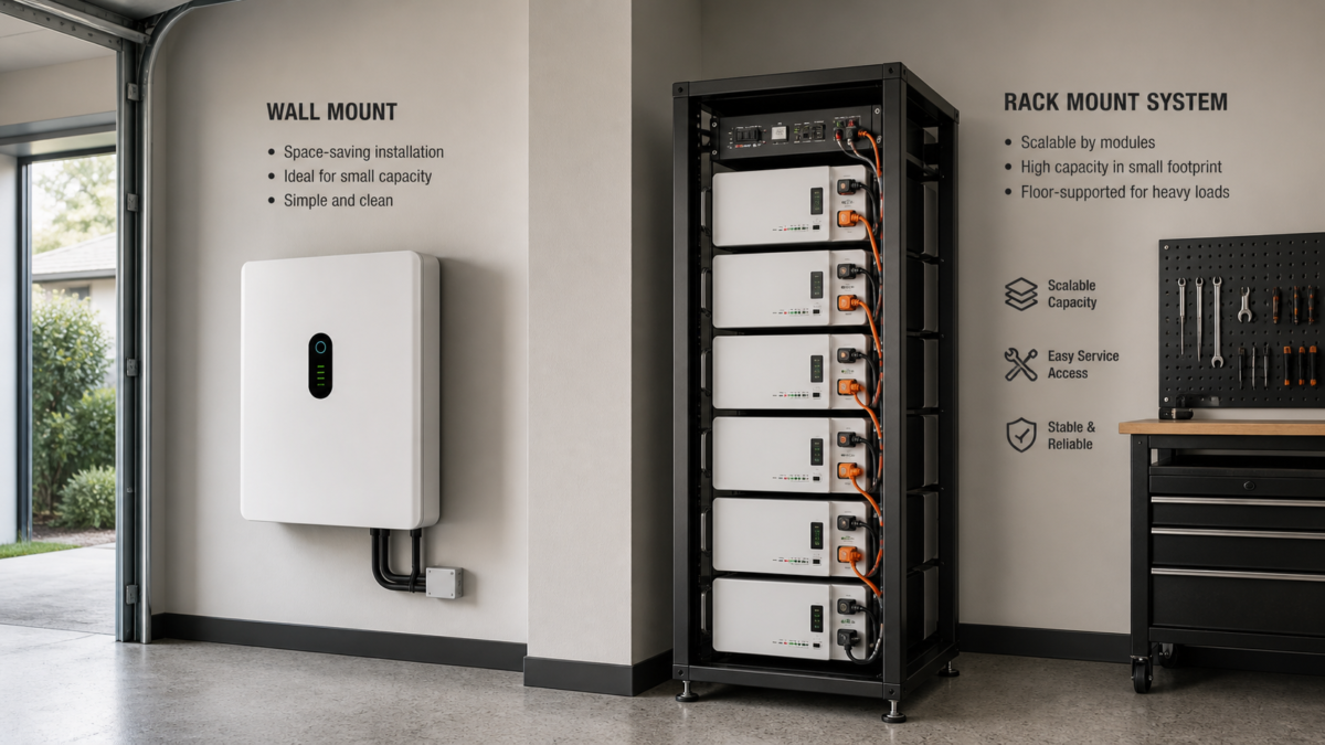 Wall Mount vs. Rack Mount System Comparison A side-by-side comparison of a sleek wall-mounted battery and a multi-unit rack-mounted battery system.