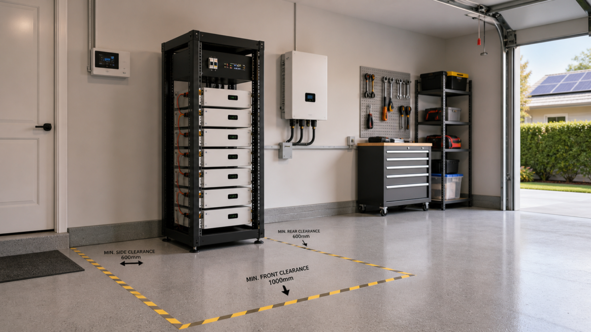 Proper Installation and Clearance for Battery Safety A rack-mounted battery system installed in a clean garage with clear space around it for maintenance access.