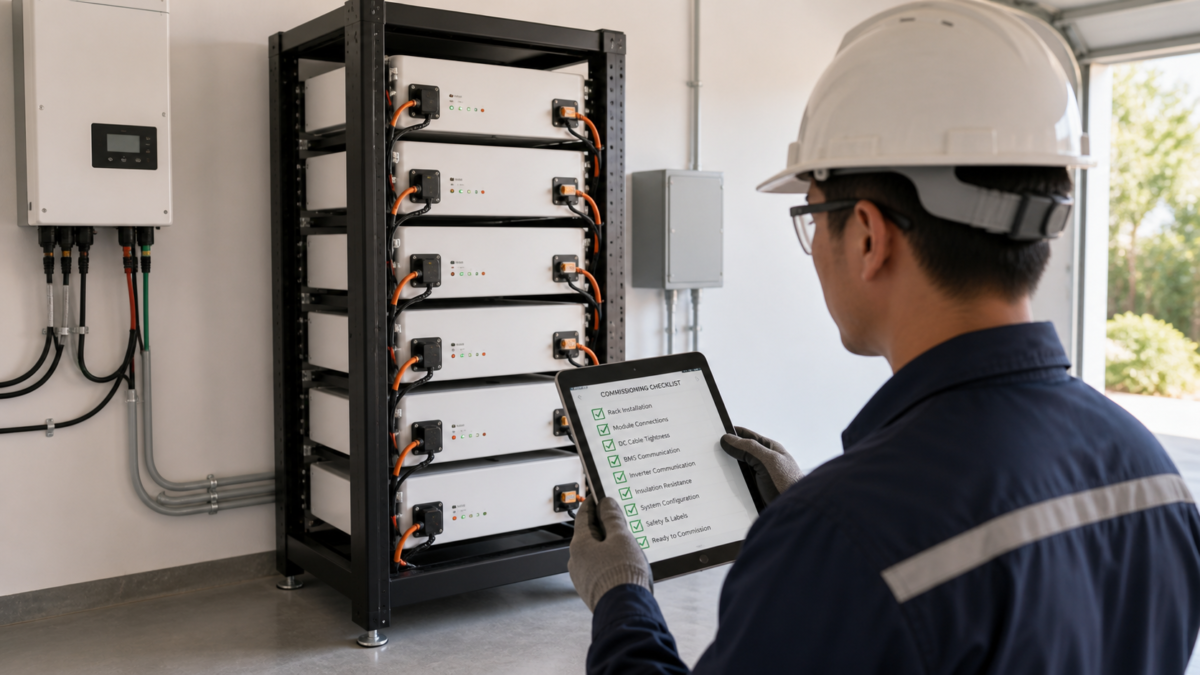 Final Verification Before Commissioning a Battery System An installer holding a tablet with a checklist, double-checking connections on a newly installed home battery rack.
