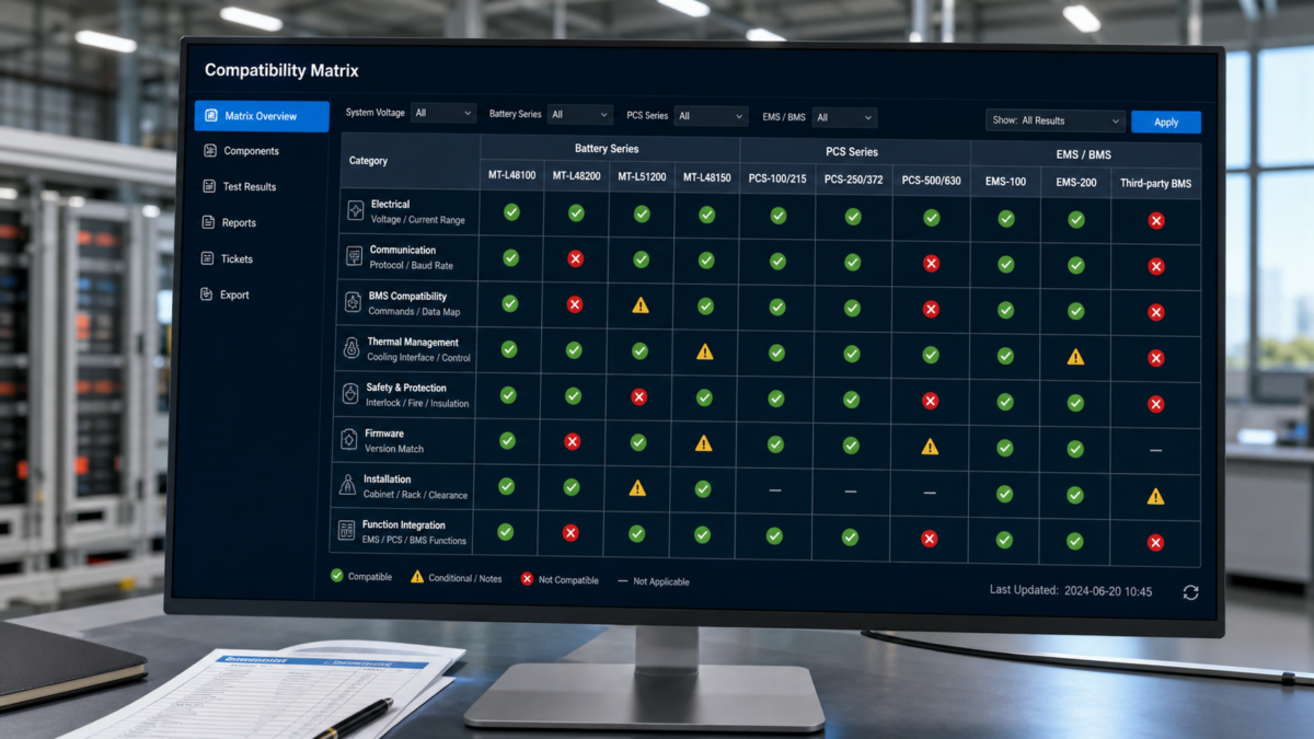 A digital interface showing a detailed compatibility matrix with green checkmarks and red Xs for various components.