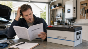 A person looks confusedly at a car owner's manual while a new battery sits beside them.