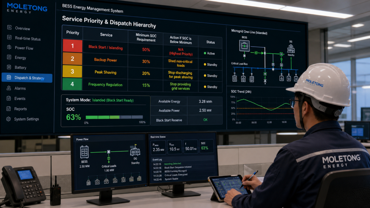 A control room dashboard showing a service priority table for a battery energy storage system.