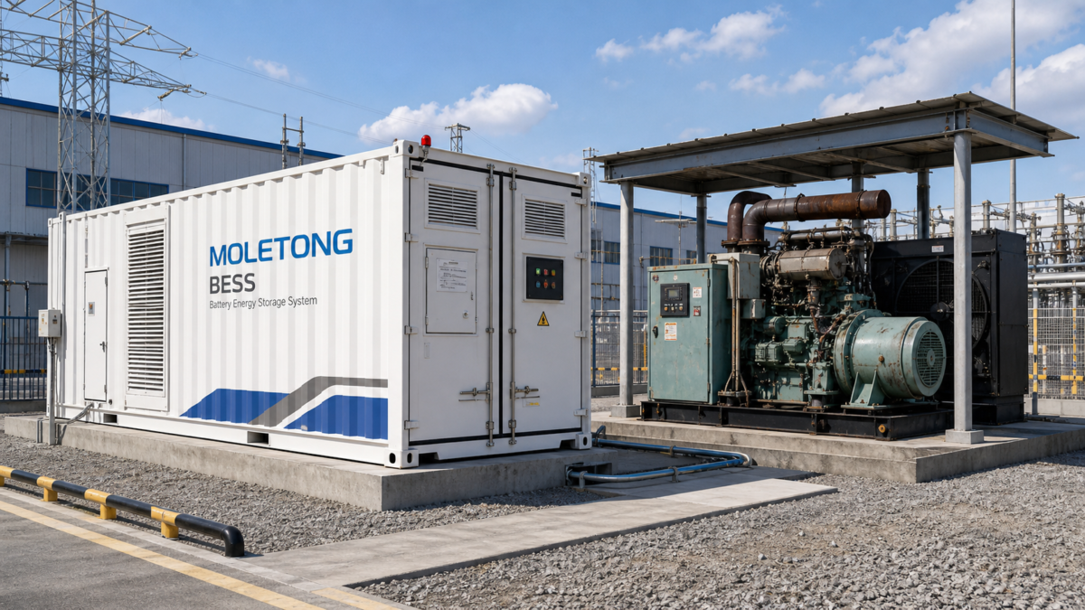 A modern Moletong BESS container next to an older diesel generator at an industrial facility.