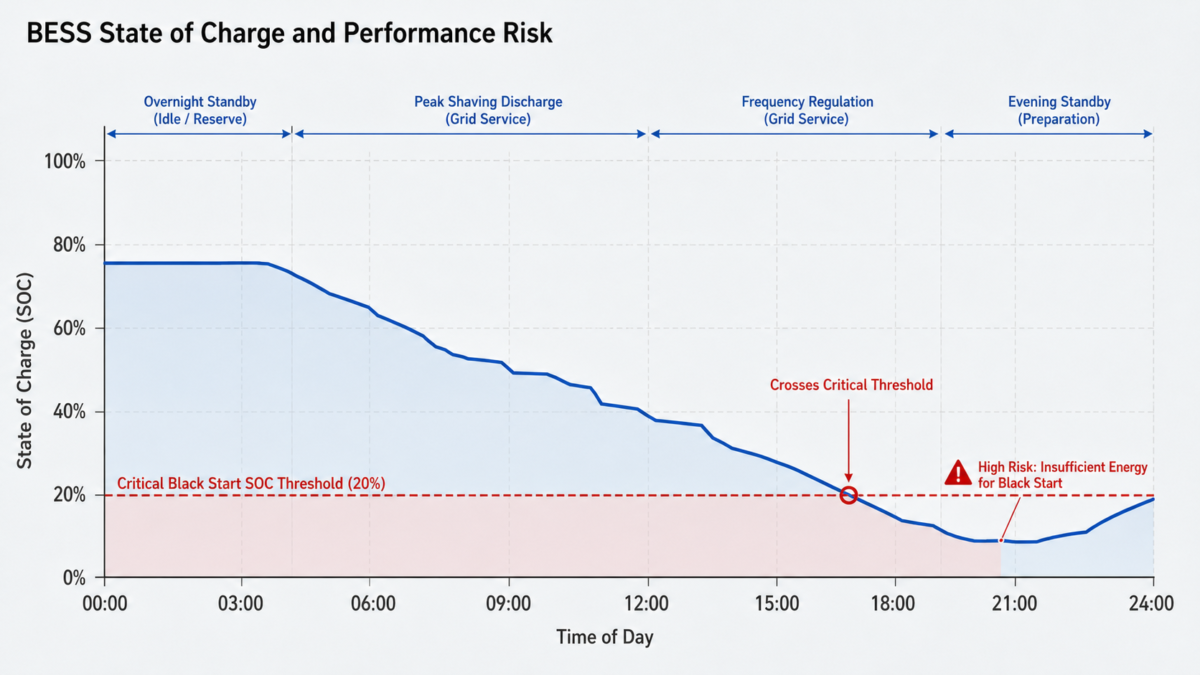 A line graph showing a BESS state of charge dropping low from grid services, crossing a critical black start threshold.