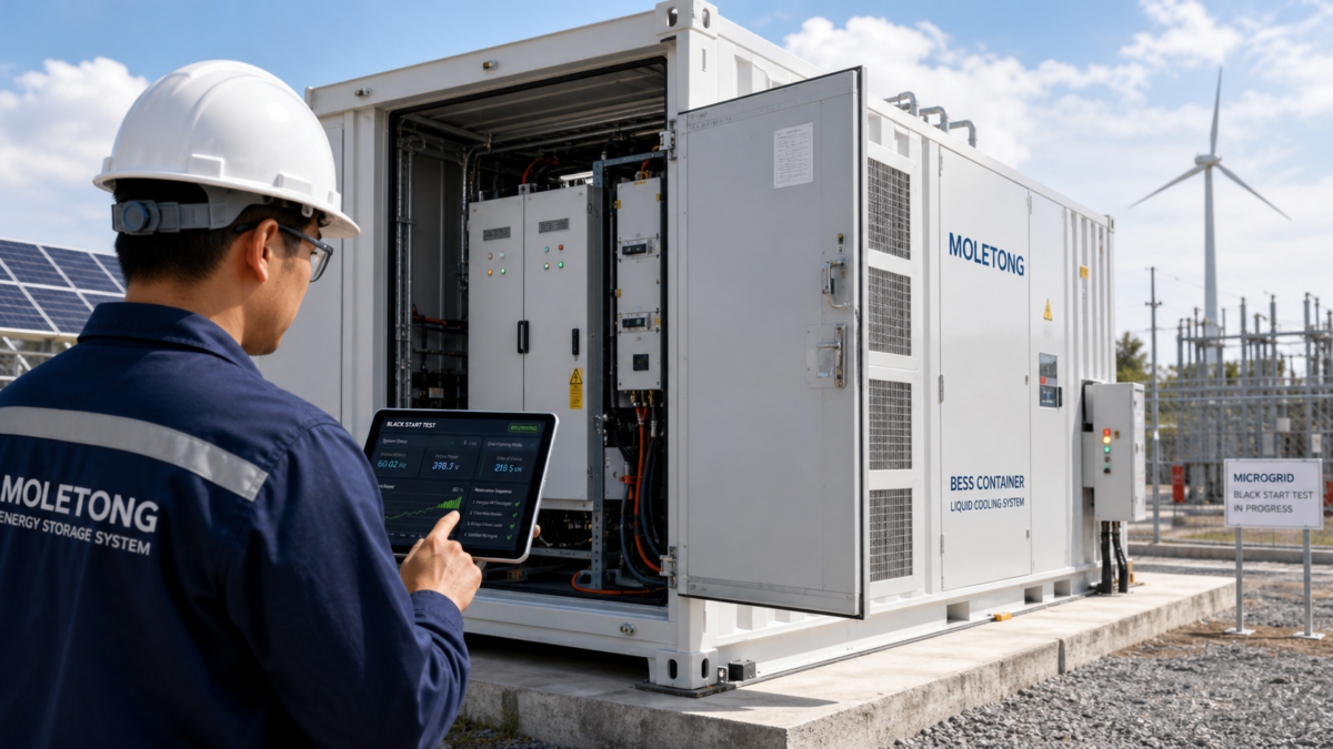 An engineer on-site commissioning a Moletong BESS container, verifying performance on a tablet during a test.