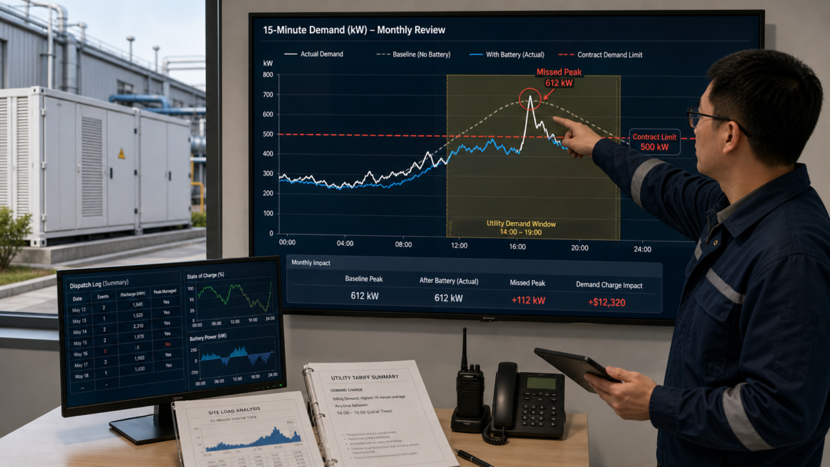 An engineer pointing at a complex graph showing a sudden electricity demand spike that a battery failed to shave.