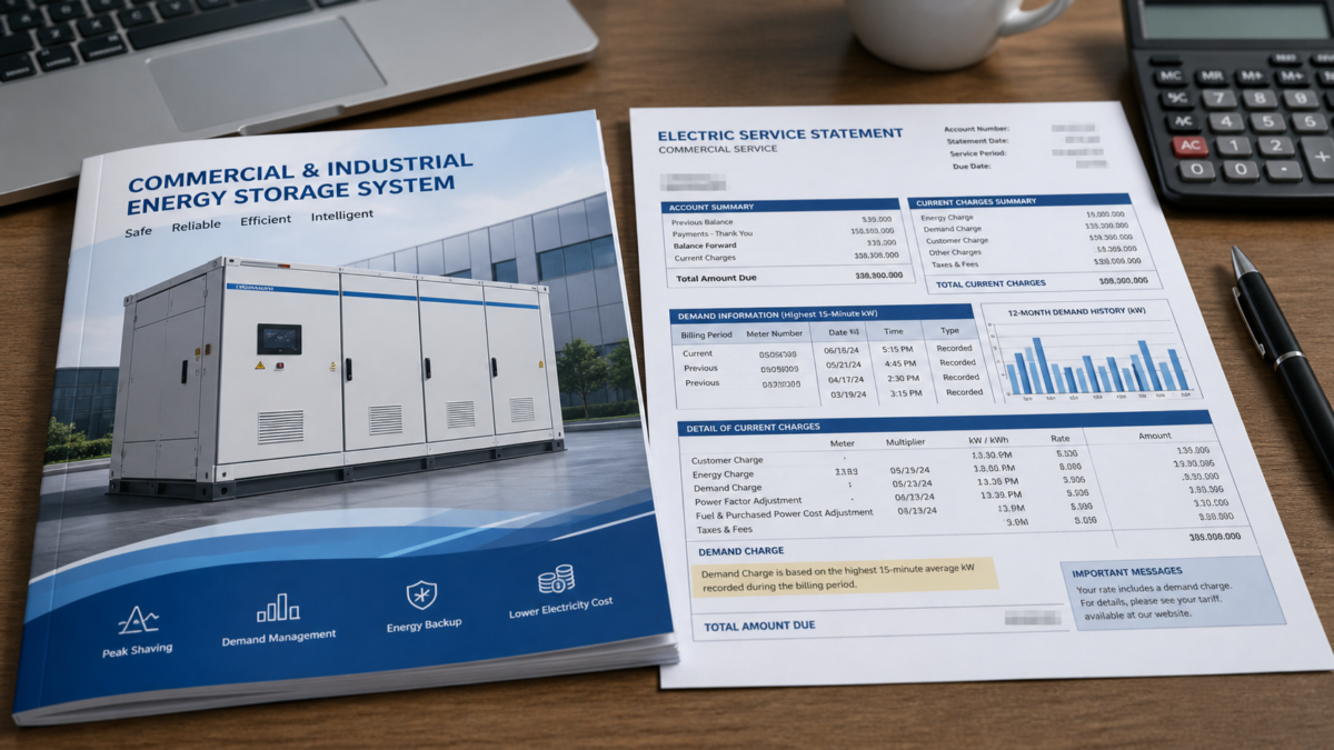 A side-by-side comparison of a glossy battery product brochure and a complicated utility electricity bill.