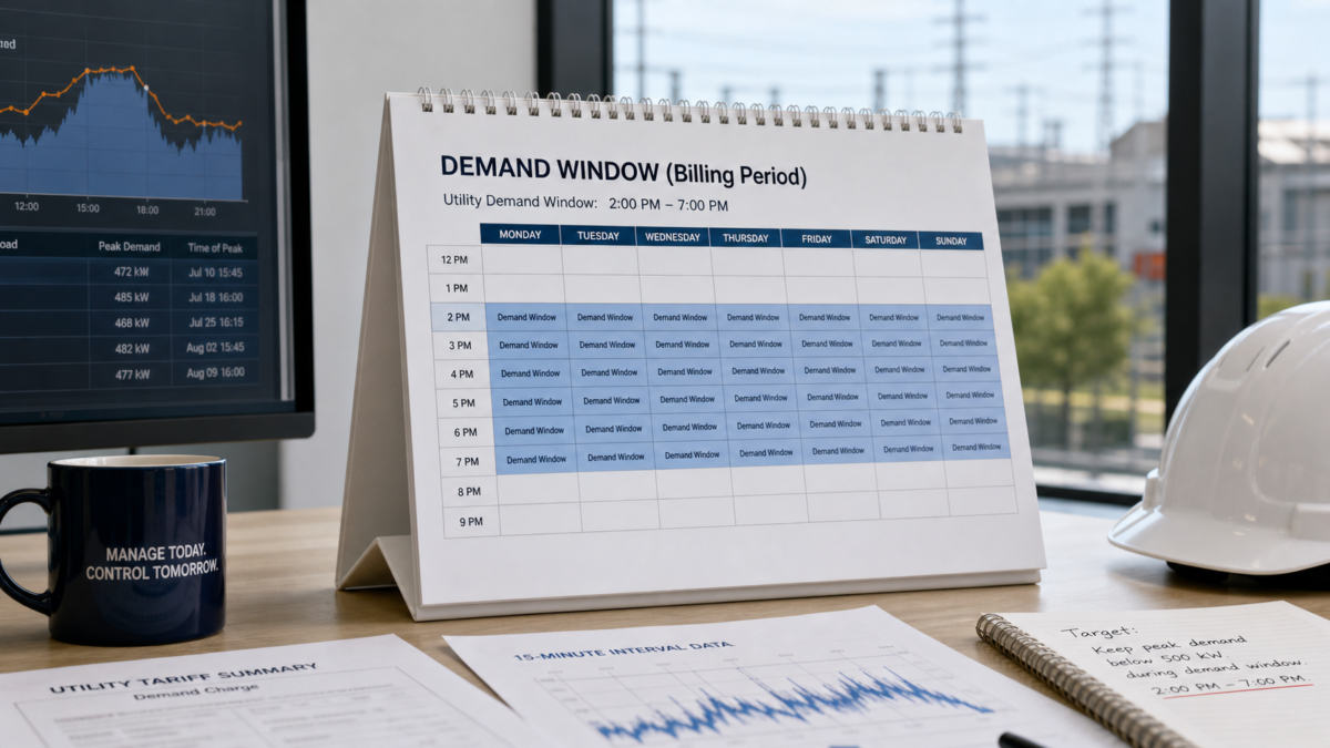 A calendar with a specific multi-hour time block highlighted each day, representing a utility's demand window.