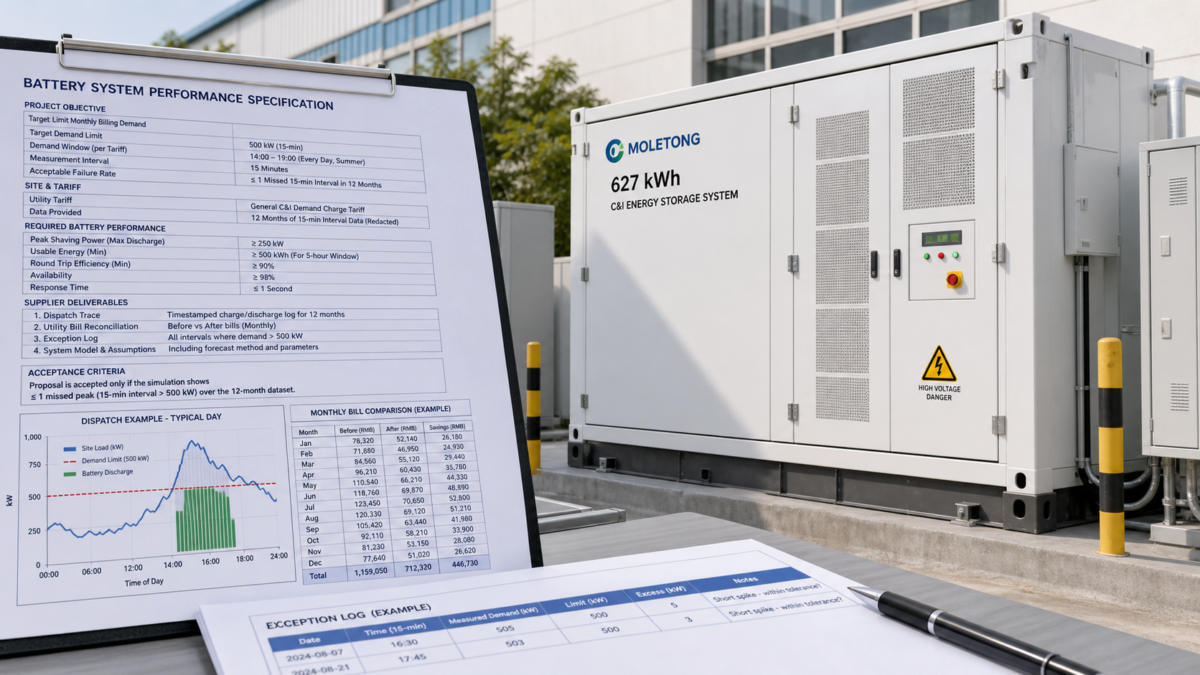 A detailed technical specification document with charts and tables next to a Moletong 627 kWh C&I battery system.