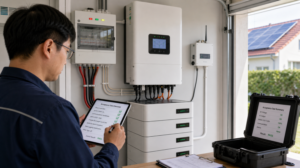 An engineer with a tablet and checklist performing final acceptance tests on a residential energy storage system.