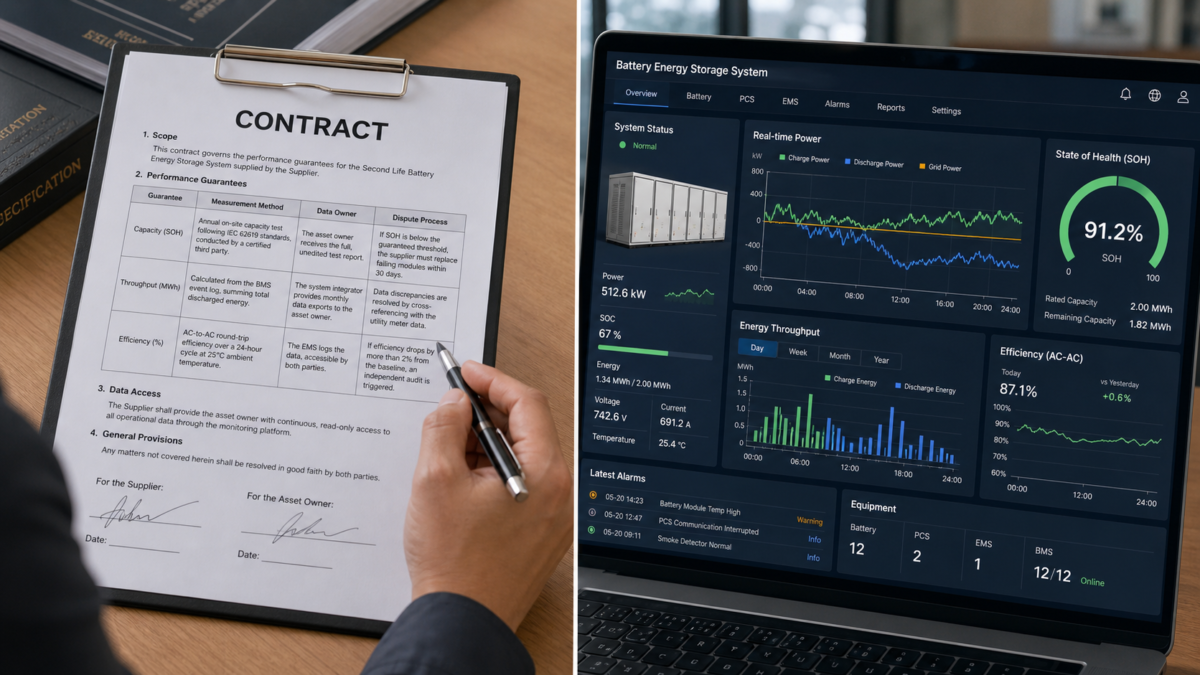 Connecting Contract Guarantees to Real-World Performance Data A split-screen view showing a legal contract on one side and a battery monitoring system dashboard on the other.