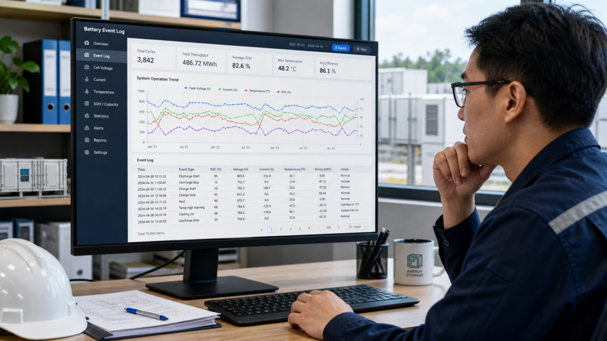 Using Historical Data to Predict Future Battery Performance An engineer at a desk closely reviewing a detailed battery event log on a large computer monitor.