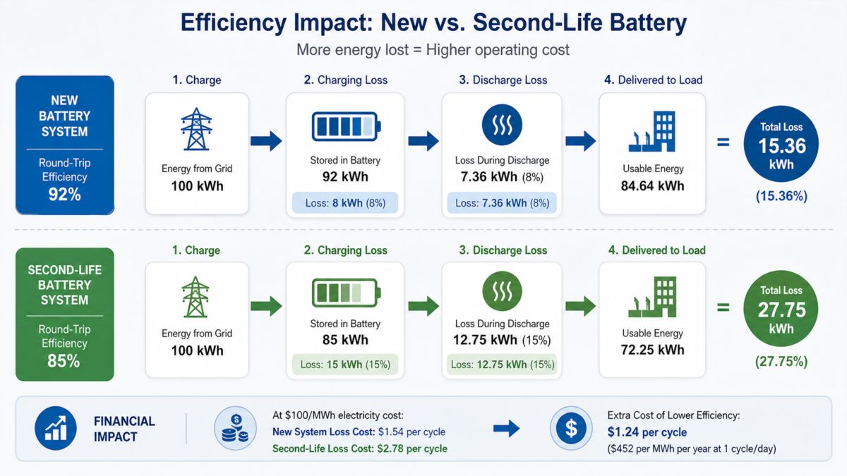 Visualizing the Financial Impact of Lower Battery Efficiency A simple flowchart comparing the energy loss during charging and discharging for new versus second-life batteries.