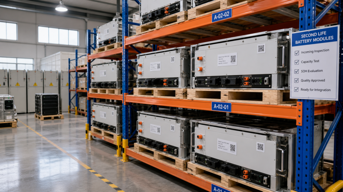 Ensuring a Reliable Supply Chain for Spare Parts A clean warehouse with organized shelves holding labeled second-life battery modules ready for system integration projects.