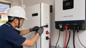 A technician carefully connecting a communication cable between a residential battery system and a hybrid inverter.