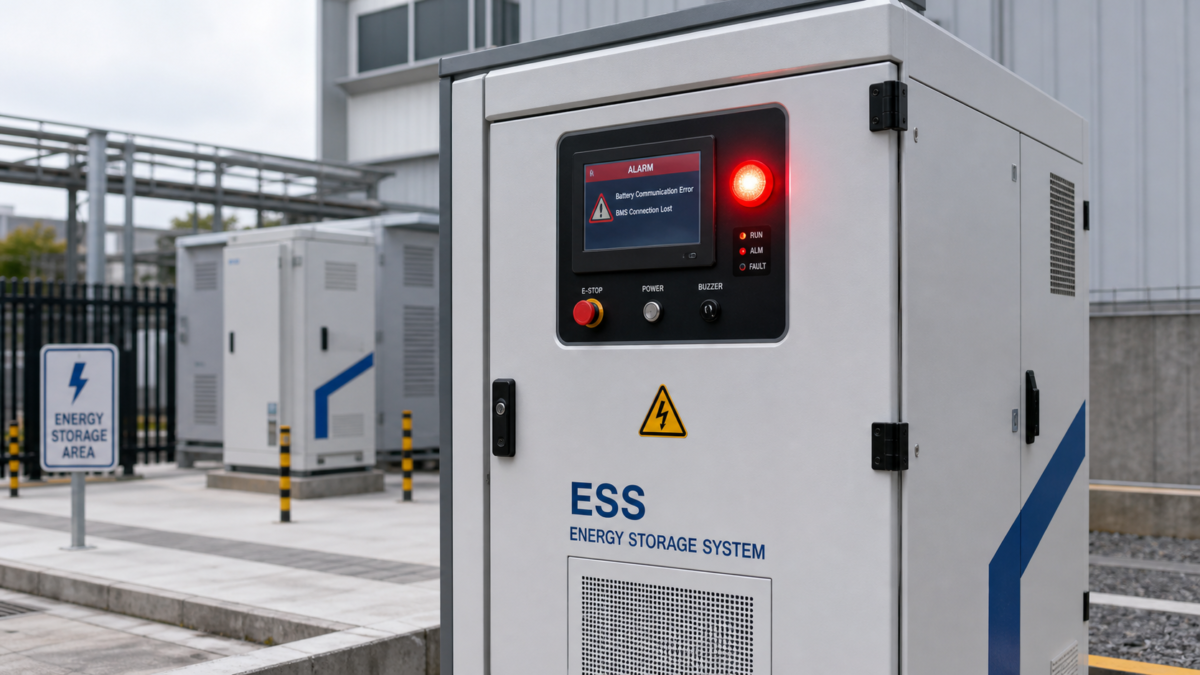Visualizing the Business Impact of a Communication Error A commercial and industrial energy storage cabinet with a prominent red error light blinking on its control panel.