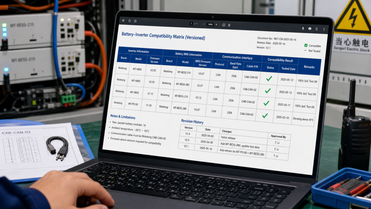 Scrutinizing the Details of a Compatibility Matrix A close-up of a technician's laptop screen displaying a detailed and versioned compatibility matrix with checkmarks.