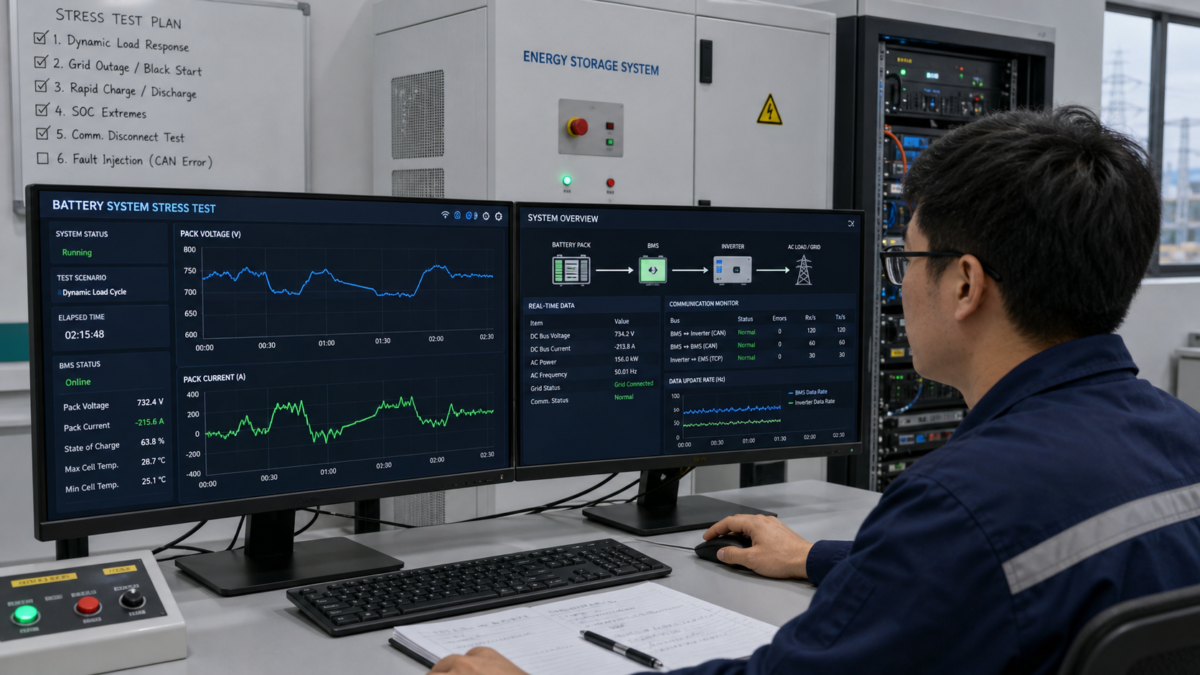 Monitoring System Performance During a Communication Stress Test An engineer at a control desk monitoring real-time graphs of battery voltage and current during a system stress test.
