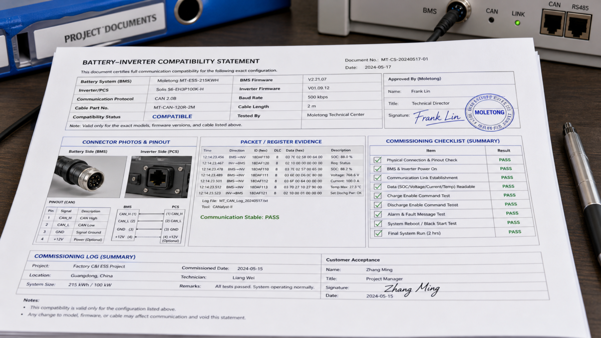 The Required Documentation for a Buyer's Verification Plan A signed technical document showing a compatibility statement with photos of connectors and a commissioning checklist.