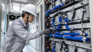 An engineer carefully inspects the intricate cooling tubes running between battery modules inside a BESS container.