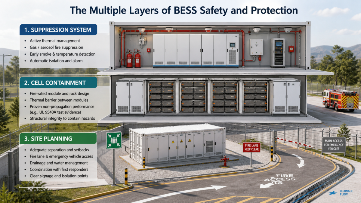 The Multiple Layers of BESS Safety and Protection A diagram showing multiple layers of safety for a BESS: suppression system, cell containment, and site planning.