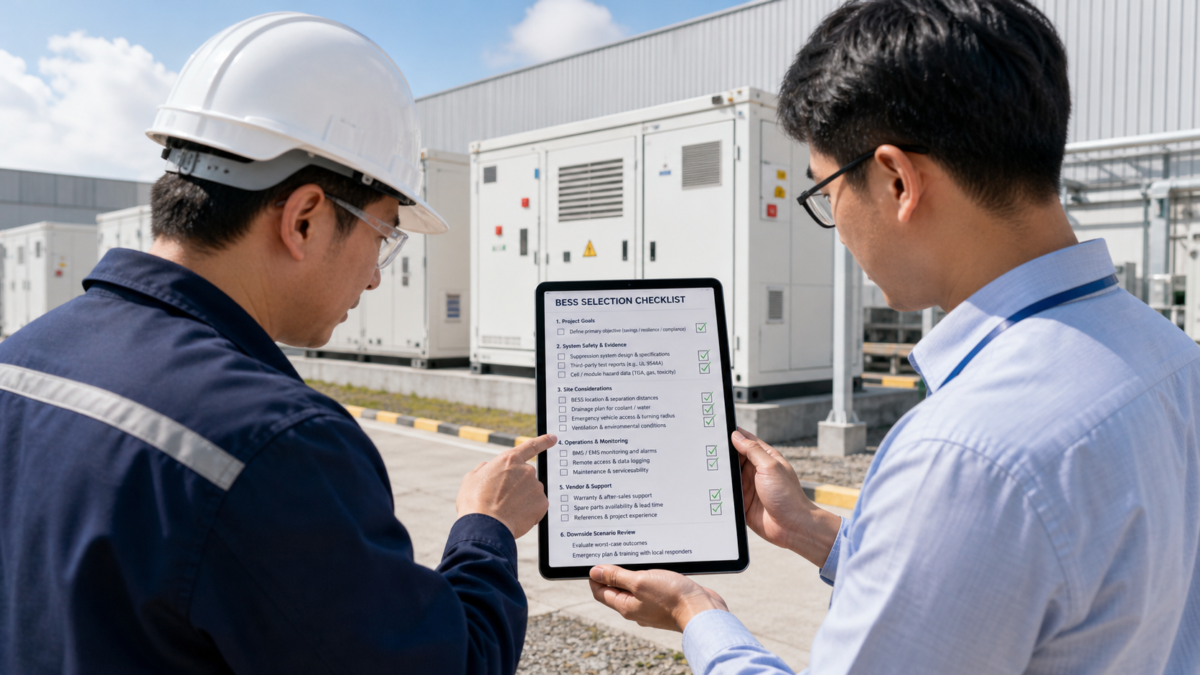 A Practical Checklist for Selecting a Liquid Cooled BESS A project manager and a client reviewing a BESS selection checklist on a tablet at an industrial facility.