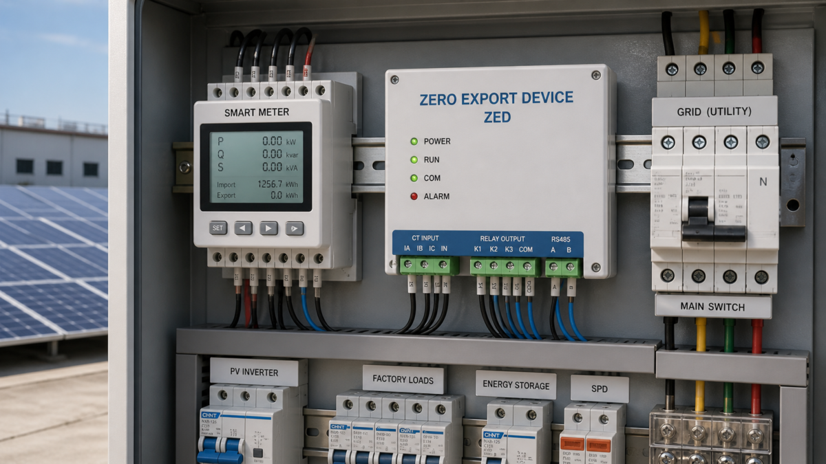 Visualizing the Role of a Zero Export Device in a Solar Project. A smart meter and a Zero Export Device installed in an industrial electrical panel controlling solar power flow.