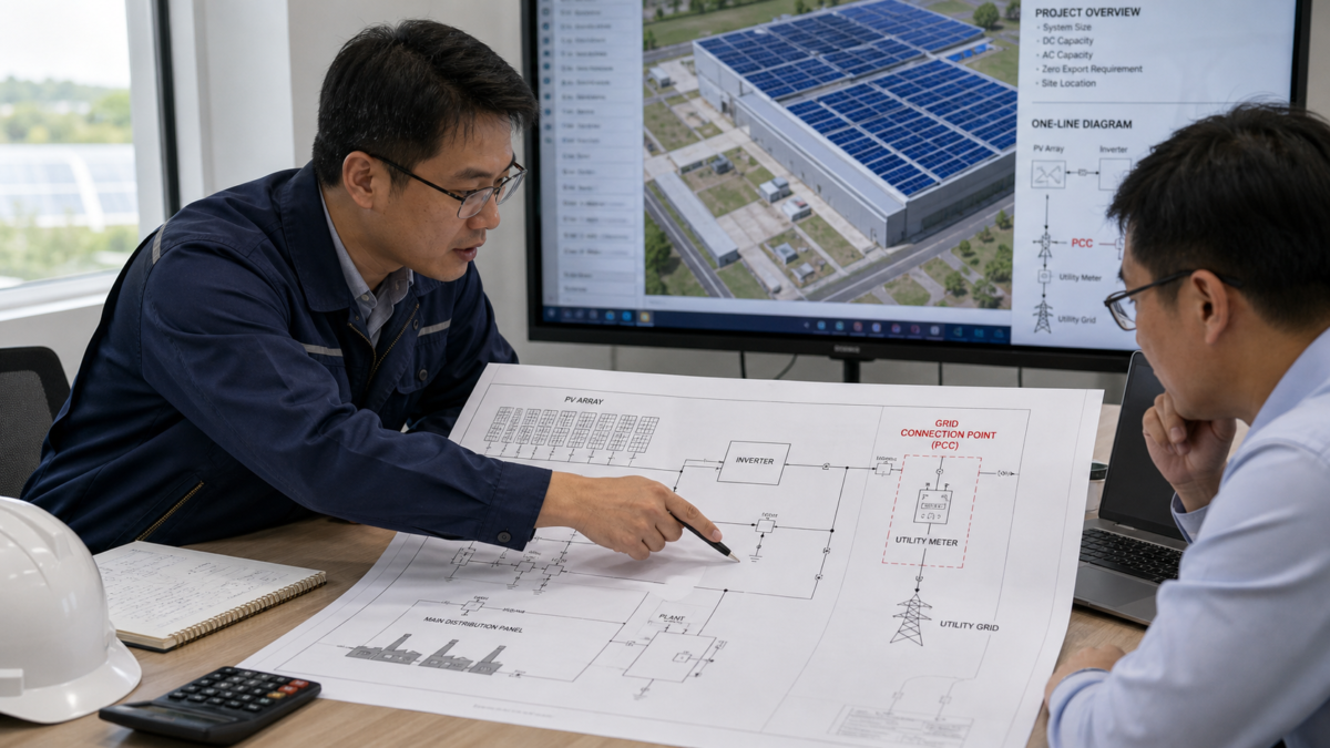Defining the Customer's Required Solar Export Outcome Before Design. An engineer and a client discussing a solar plant blueprint with a focus on the grid connection point.
