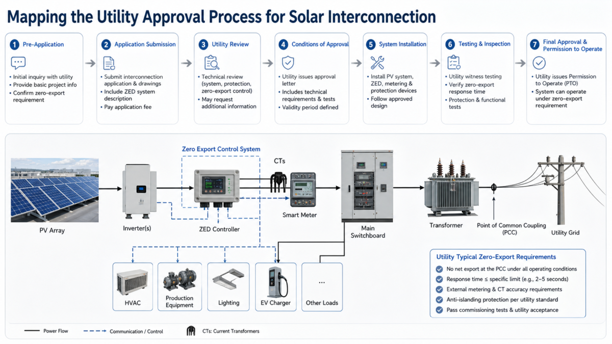Mapping the Utility Approval Process for Solar Interconnection. A diagram showing the utility's interconnection approval process for a solar plant with zero export requirements.
