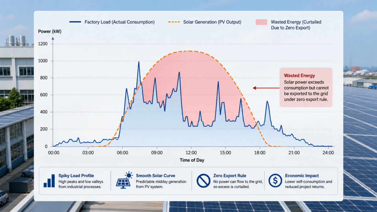 Analyzing How Load Profile Impacts Zero Export Economics. A graph comparing a factory's spiky electricity load profile with smooth solar power generation, showing wasted energy.