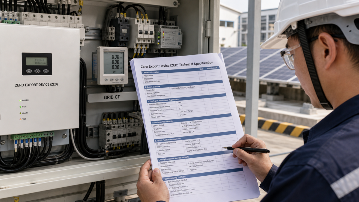 Creating a Clear Specification for Zero Export System Implementation. A detailed technical specification sheet for a Zero Export Device being reviewed by an engineer on-site.