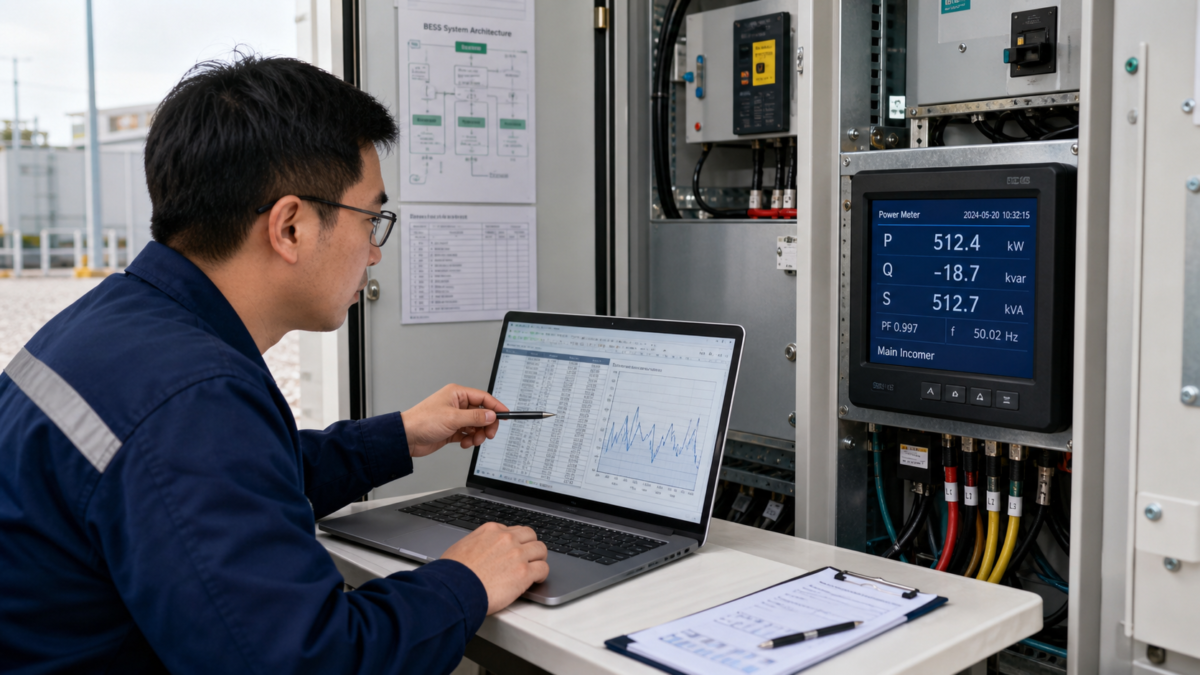 An engineer comparing a spreadsheet of interval data on a laptop to a live power meter display