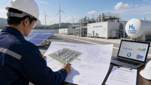 An engineer reviewing technical plans for a large-scale green hydrogen production facility with integrated solar panels and wind turbines.